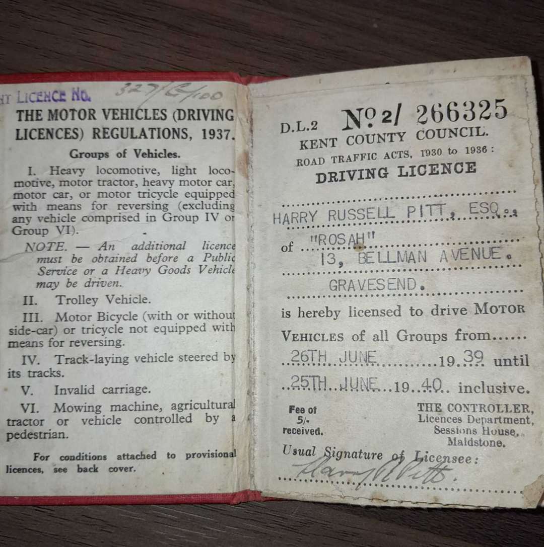 Driving licence valid from June 1939 to June 1940 found in Chatham car park