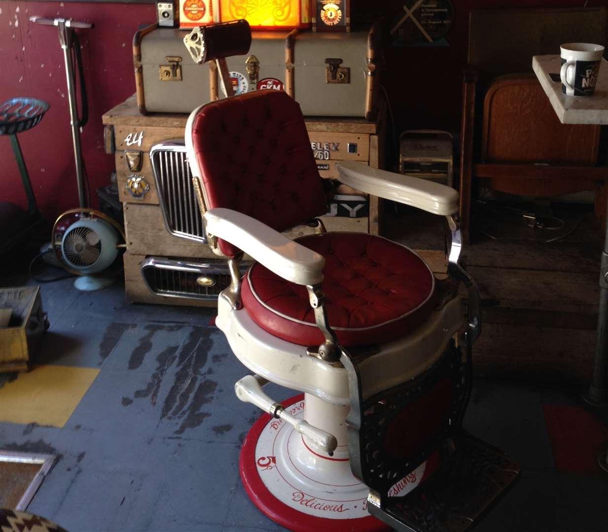 You can perch on an old barber chair while sipping your cider