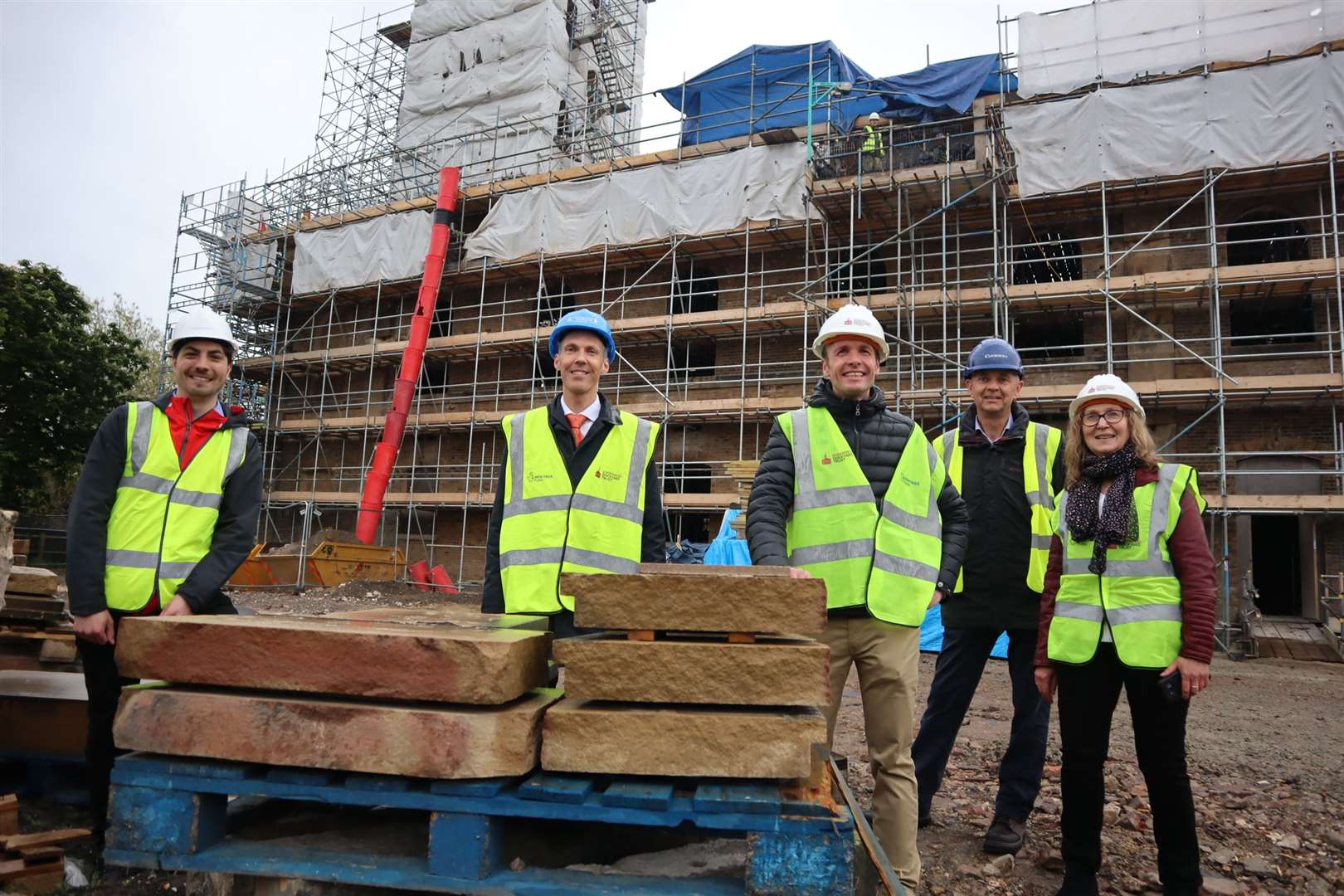 Sheerness Dockyard Church team, from the left, architect Robert Songhurst, Stuart McLeod director of the National Lottery Heritage Fund, Will Palin chairman of the Sheerness Dockyard Preservation Trust, Steve Clarke of contractors Coniston and Anya Whitehead, investment manager of the National Lottery Heritage Fund