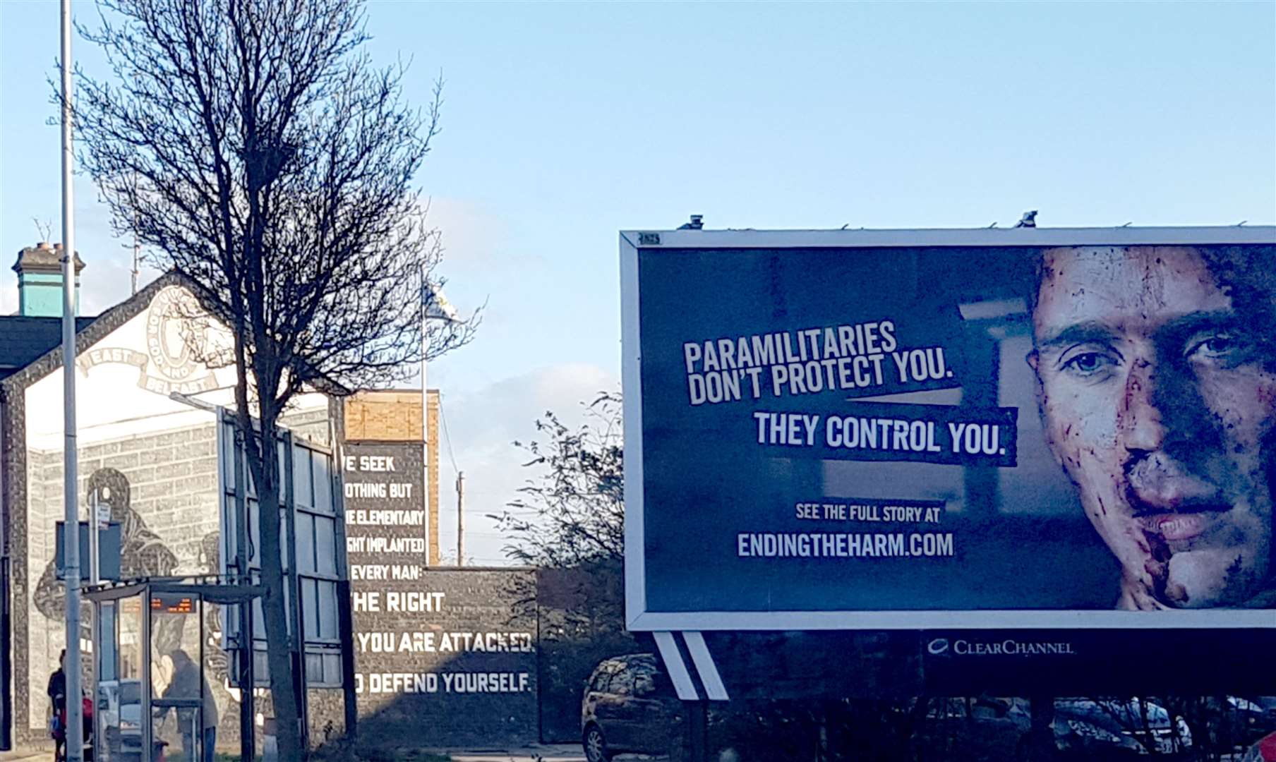 A billboard for a government campaign against paramilitary groups in Northern Ireland (Rebecca Black/PA)