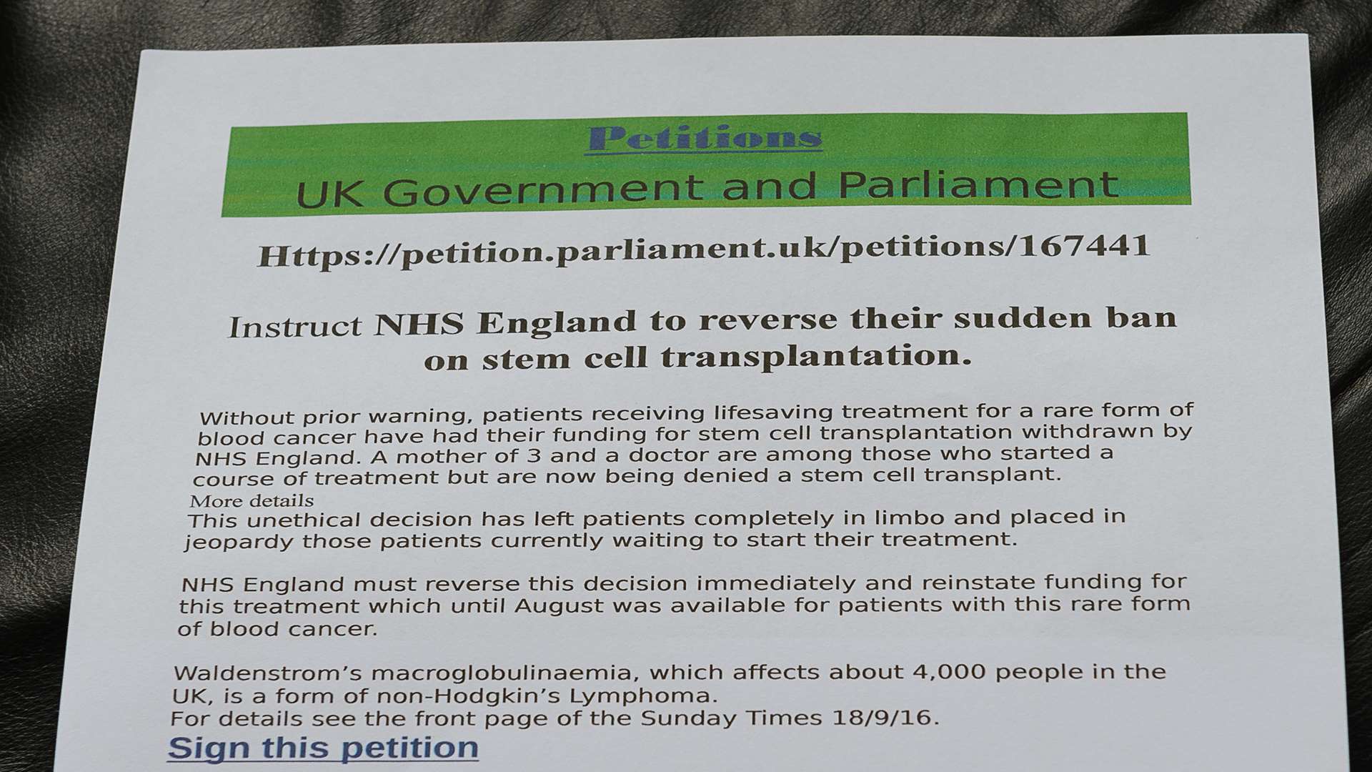 Copy of petition against the withdrawal of funding for stem cell transplantation by NHS England