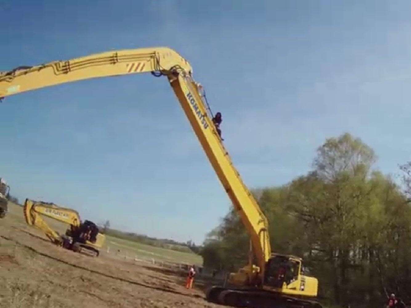 A still taken from footage of Cuciurean after he had climbed on to a mechanical tree-cutter (HS2 Ltd/PA)