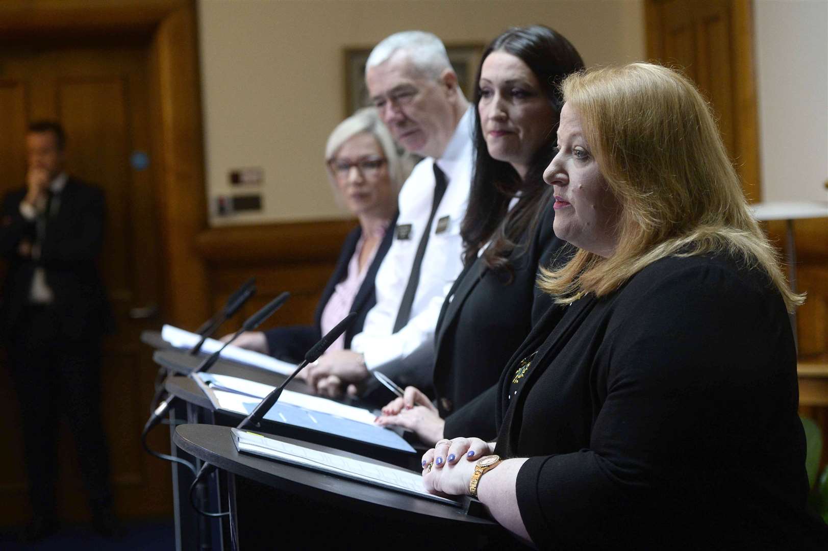 First Minister of Northern Ireland Michelle O’Neill, PSNI Chief Constable Jon Boucher, deputy First Minister Emma little-Pengelly and Alliance Party leader Naomi Long (Mark Marlow/PA)