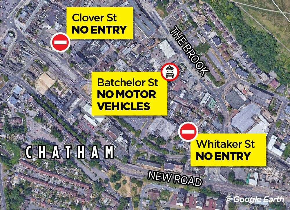 Chatham High Street's pedestrianised area will be enforced with ANPR cameras and will catch drivers who attempt to enter it on Clover Street, Batchelor Street and Whitaker Street.