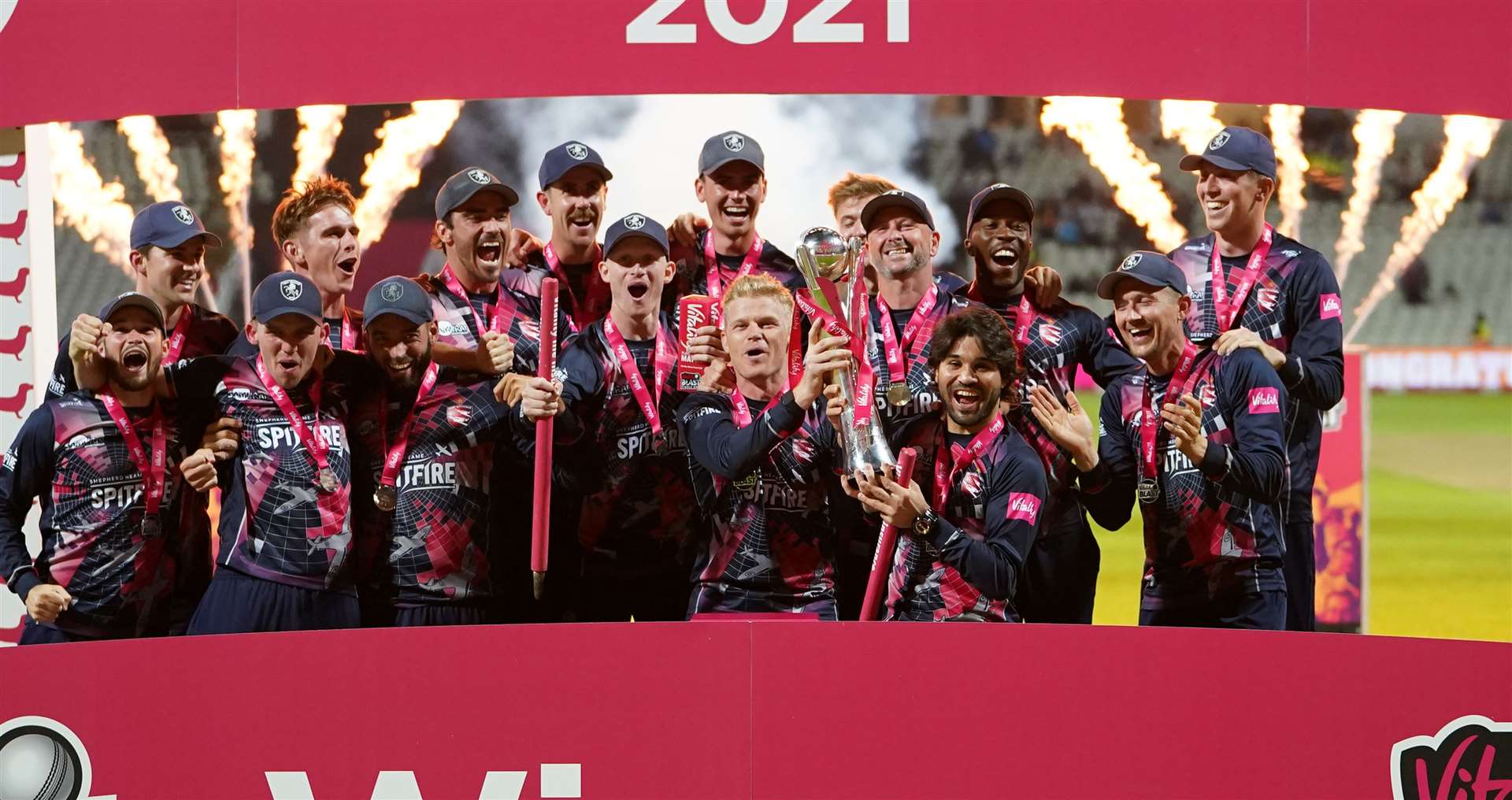 Kent Spitfires captain Sam Billings and team-mates celebrate with the trophy after victory over Somerset after the 2021 T20 Blast final at Edgbaston. Picture: Mike Egerton/PA Images