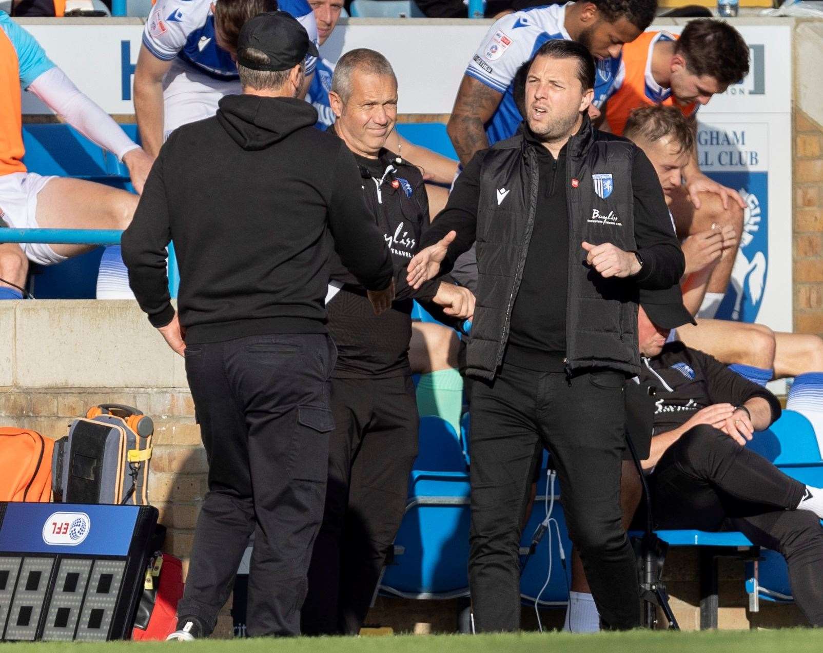 Gillingham managers past and present Stephen Clemence, left, and Mark Bonner faced off in September. Picture: @Julian_KPI