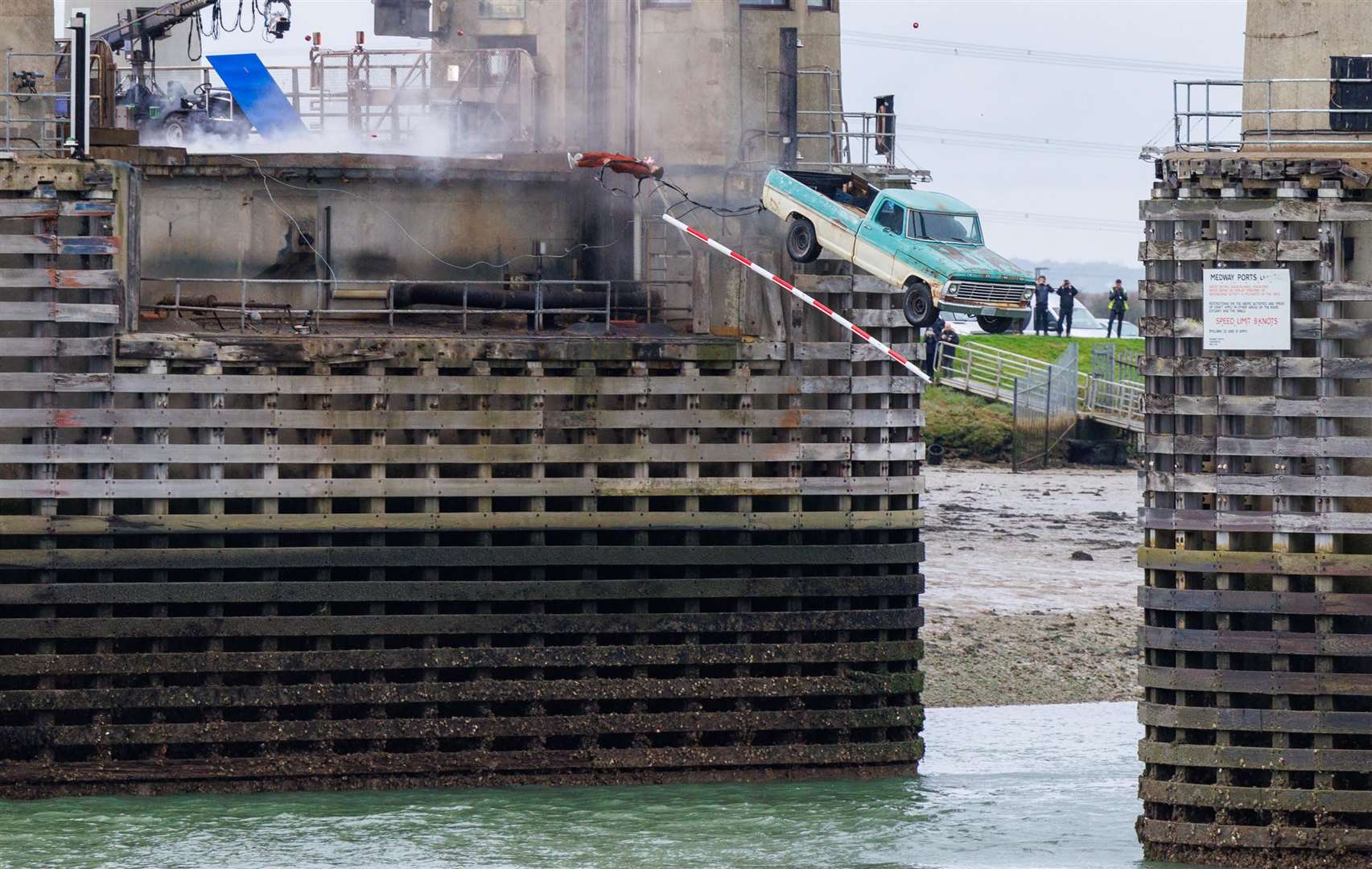 A stunt on the Kingsferry Bridge for the movie The Beekeeper staring Jason Statham. Pictures: Click News and Media