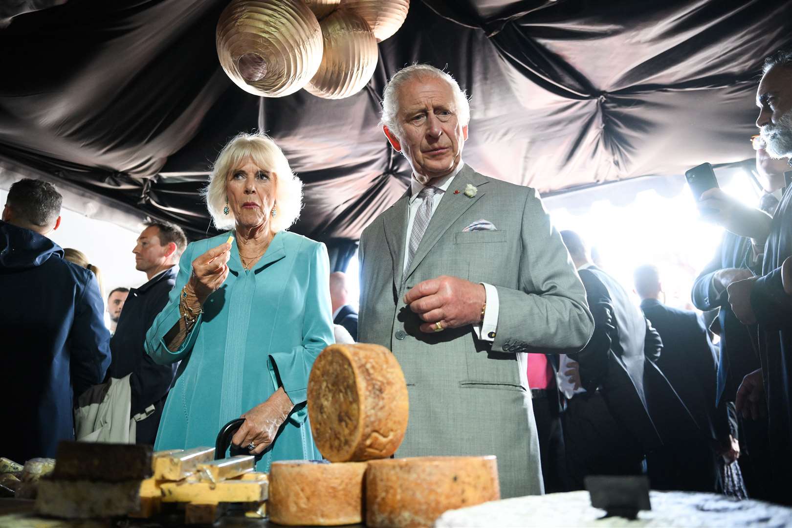 The King and Queen sampled some cheese during a visit to a festival-style event showcasing the best of British, French and Bordelais businesses (Daniel Leal/PA)