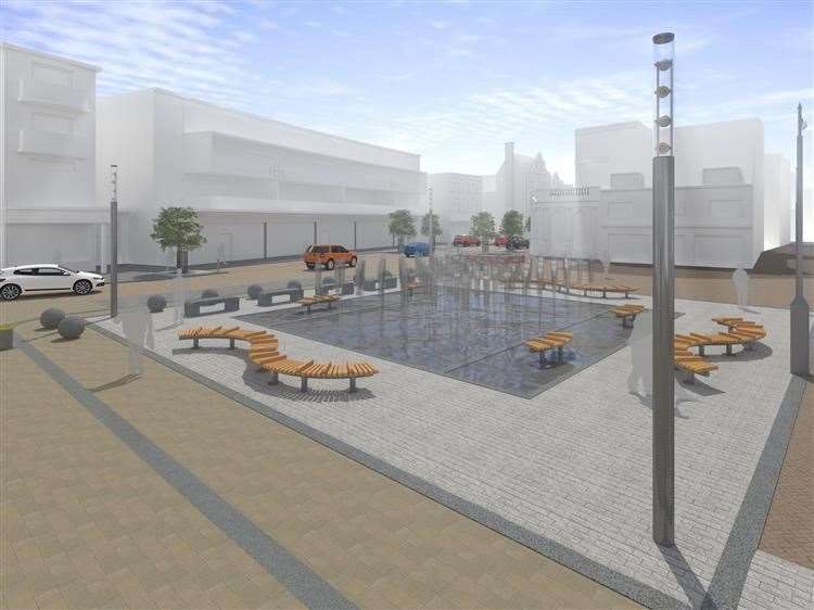 Artist's impression of the new look Dover Market Square with the new water feature, looking towards King Street. Picture courtesy of Hartwell Architects
