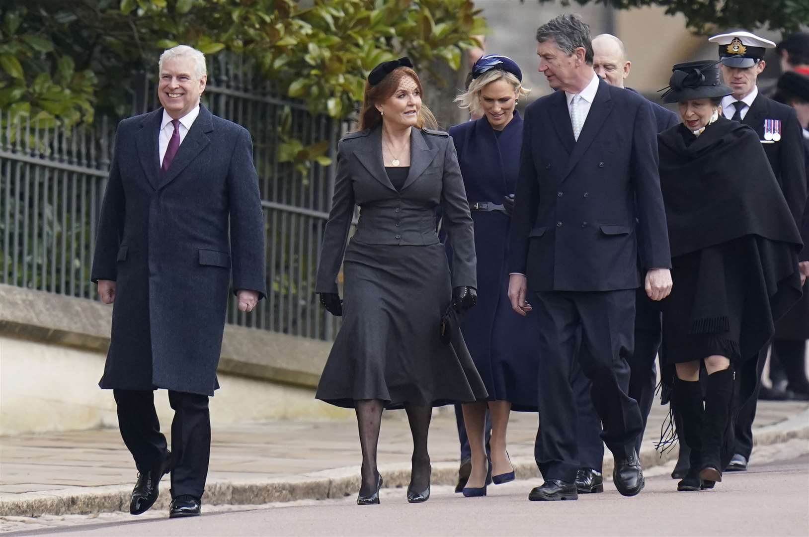 The Duke of York, Sarah, Duchess of York, Zara Tindall, Vice Admiral Sir Timothy Laurence, Mike Tindall and the Princess Royal attend the thanksgiving service at St George’s Chapel, Windsor Castle (Andrew Matthews/PA)