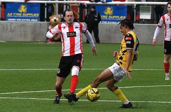 Sheppey player-manager Jack Midson in action against Ramsgate Picture: Marc Richards