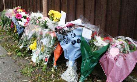 The flowers left at the scene of Susie Smith/Susie Beaney's murder in an alley between Christchurch Road and Godfrey Walk