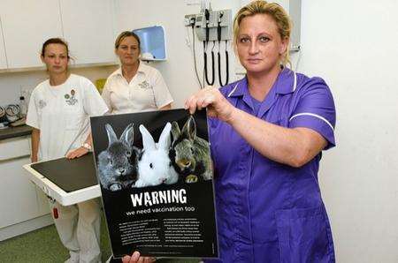 From left, Laura Hawkins RVN, Hayley Hawkins, Vet Sharon Alston want to raise awareness about the dangers of myxomatosis which is wiping out domestic pets in Sittingbourne