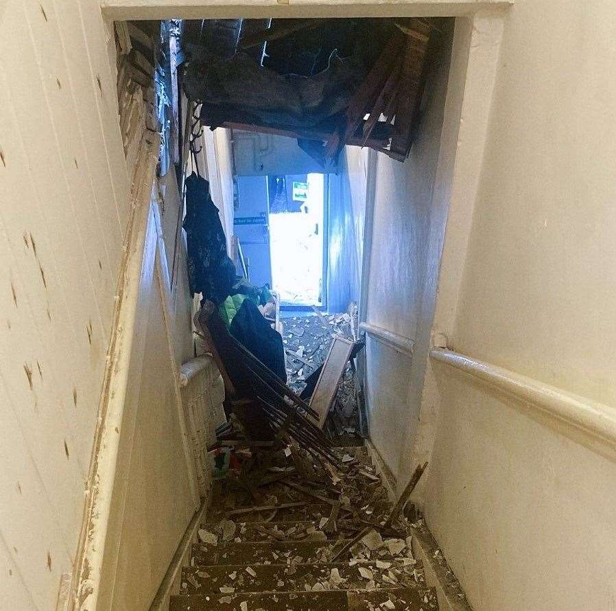 Damage inside The Plant Base restaurant following the aftermath of Storm Eunice