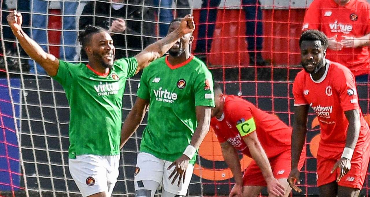 Dominic Poleon is all smiles as the goals flowed again for Ebbsfleet at Welling last weekend. Picture: Dave Budden