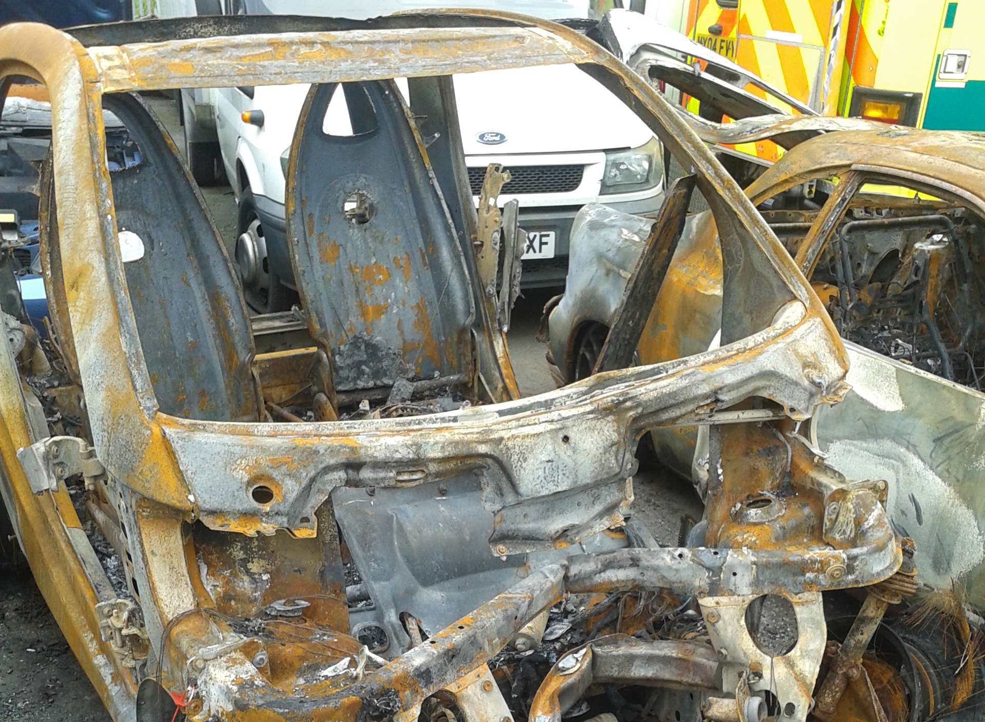 The burnt out car which was later found in Queenborough, Sheppey