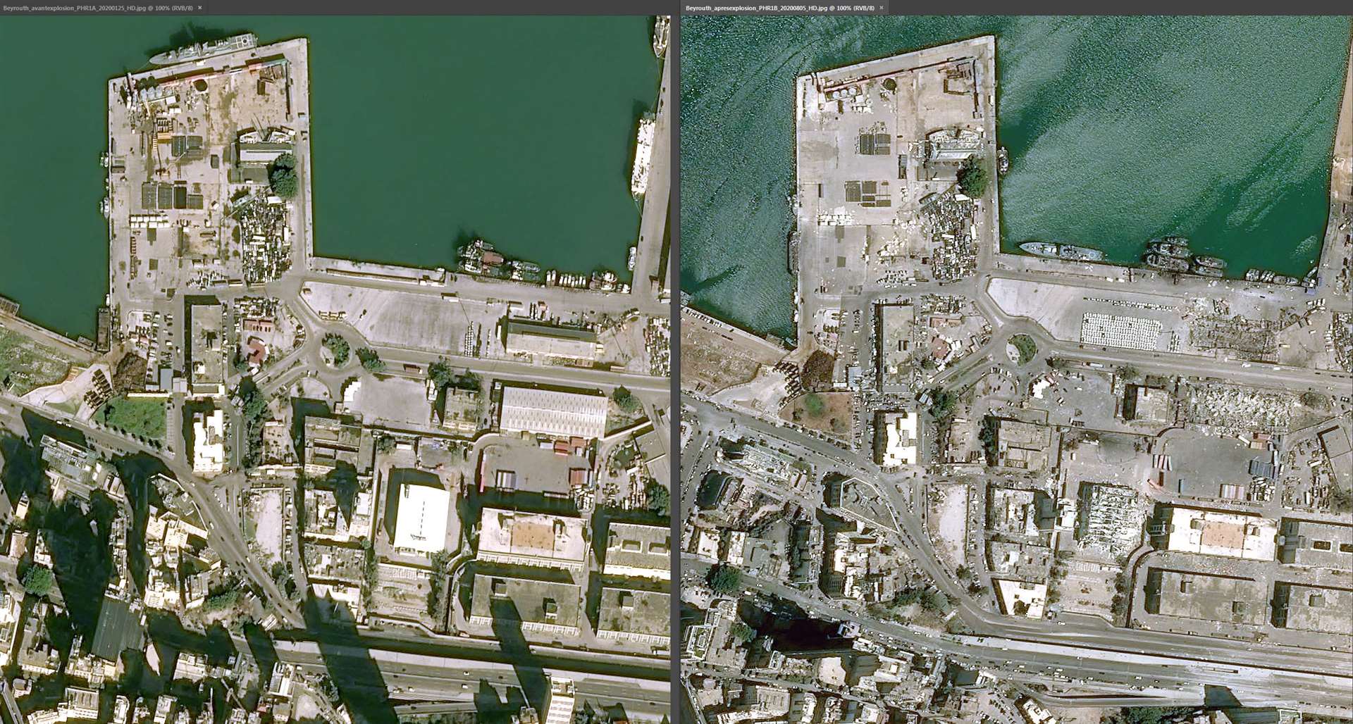 The docks before and after the huge blast in the Lebanese capital, Beirut (Cnes 2020, Distribution Airbus DS/PA)