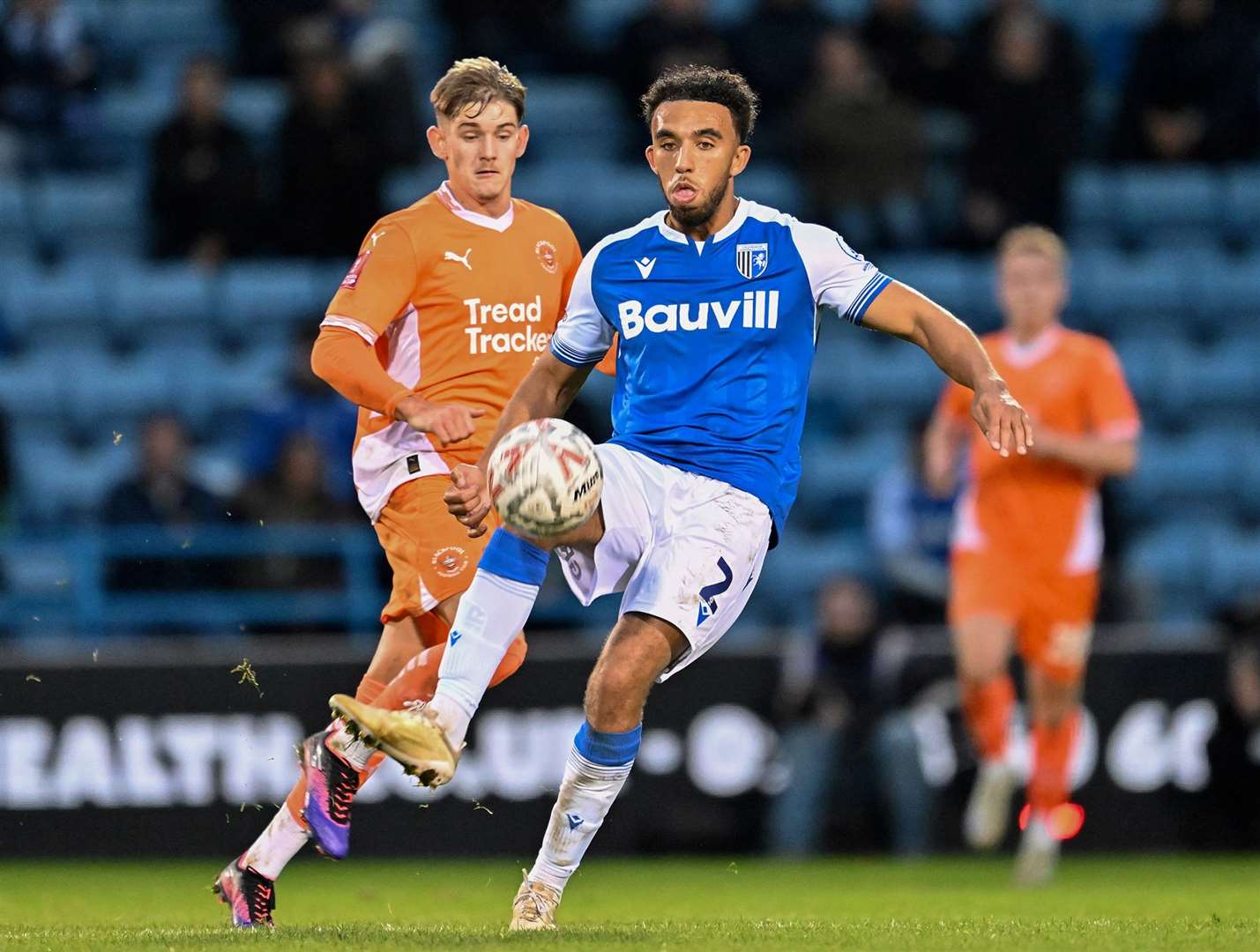 Close control from Remeao Hutton but Gillingham’s FA Cup bid ended at the first hurdle with a 2-0 defeat at home to Blackpool last weekend. Picture: Keith Gillard