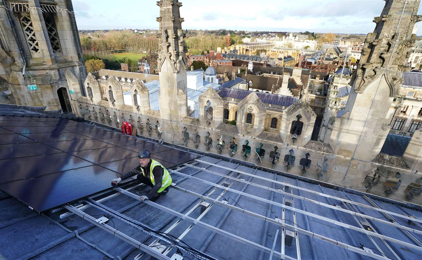 King’s College Cambridge installed 438 new photovoltaic solar panels on the roof of the recently restored Chapel last year (Gareth Fuller/PA)