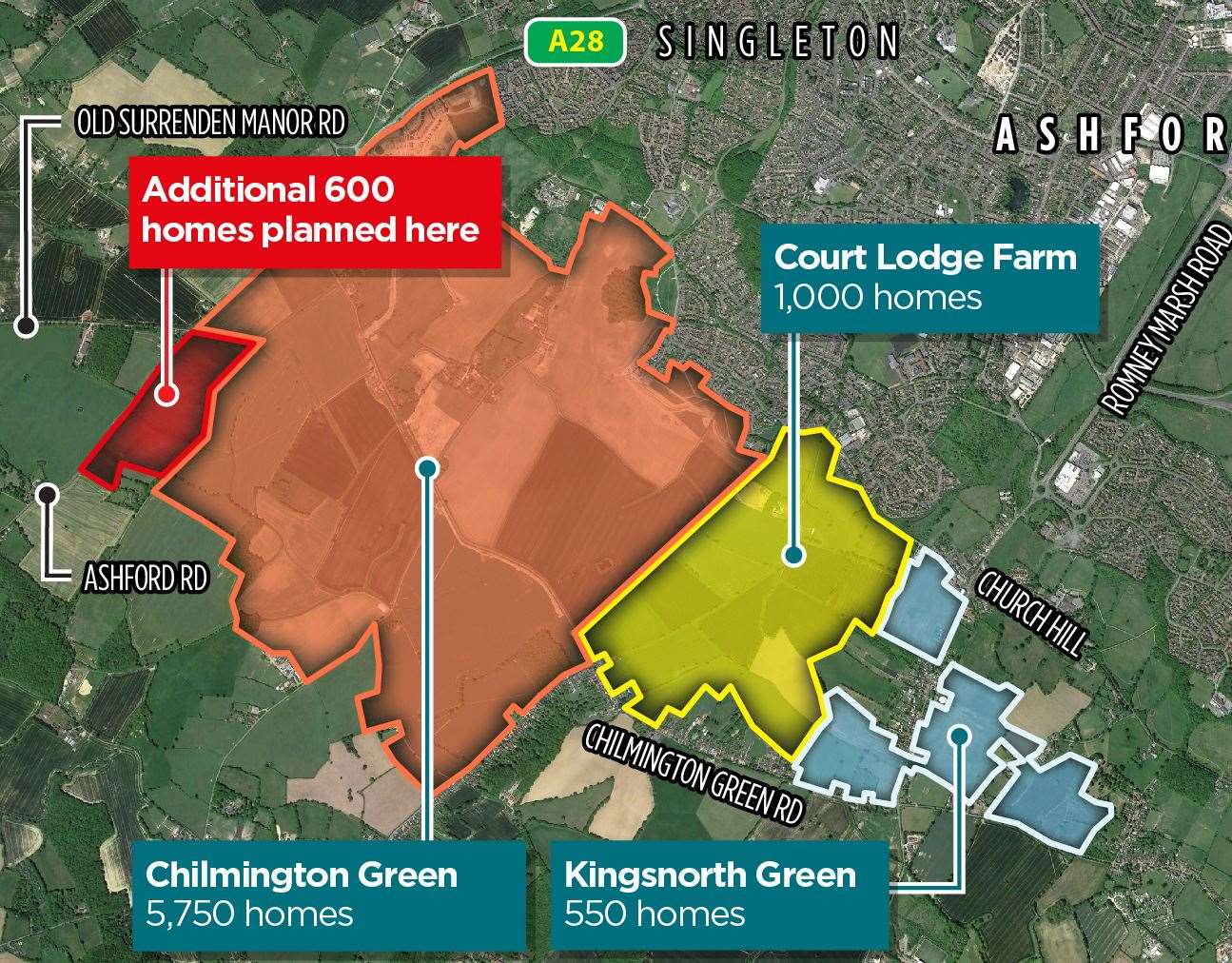 This map shows the planned developments to the south of Ashford