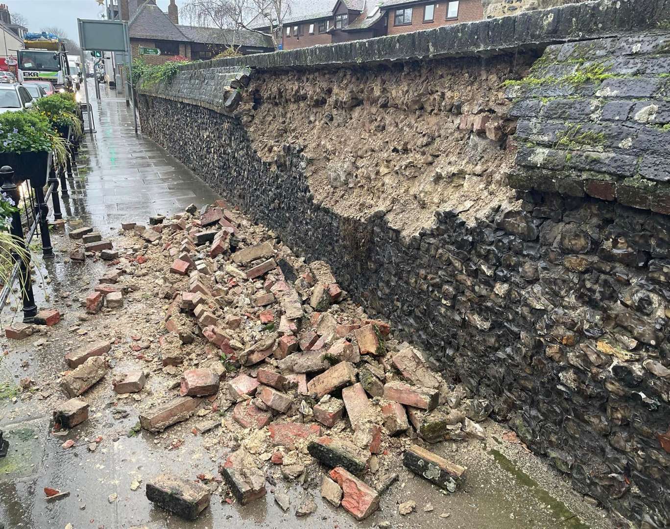 The crumbling wall at St Margaret's Church in Rainham when it collapsed in January