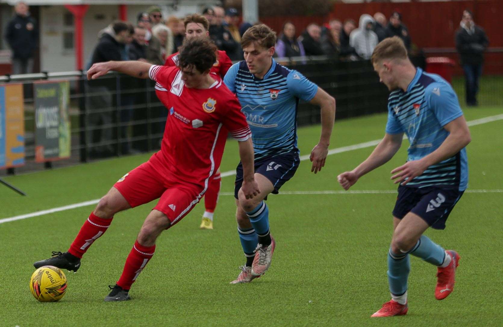 Gus Barnes of Whitstable is tracked by Lordswood duo Will Dempsey and Ethan Stewart in Saturday's 2-2 draw. Picture: Les Biggs