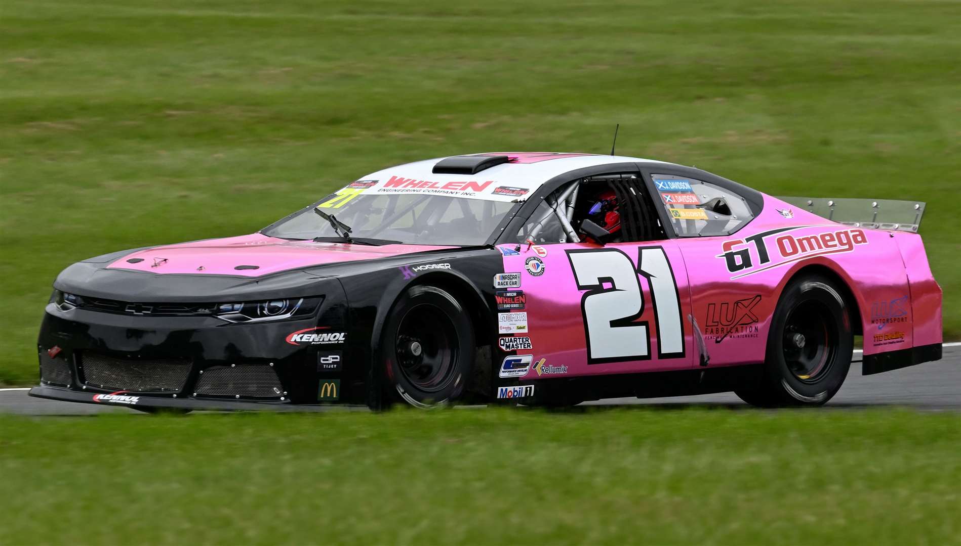 Davidson’s chrome pink livery caught the eye at Brands Hatch, but the team had to use a spare front bumper and wings after a clash in Sunday’s first race. Picture: Simon Hildrew