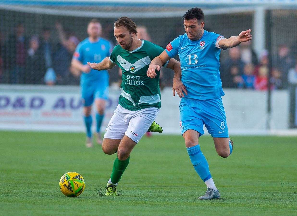 Ashford goalscorer Luke Burdon in action against Hastings Picture: Ian Scammell