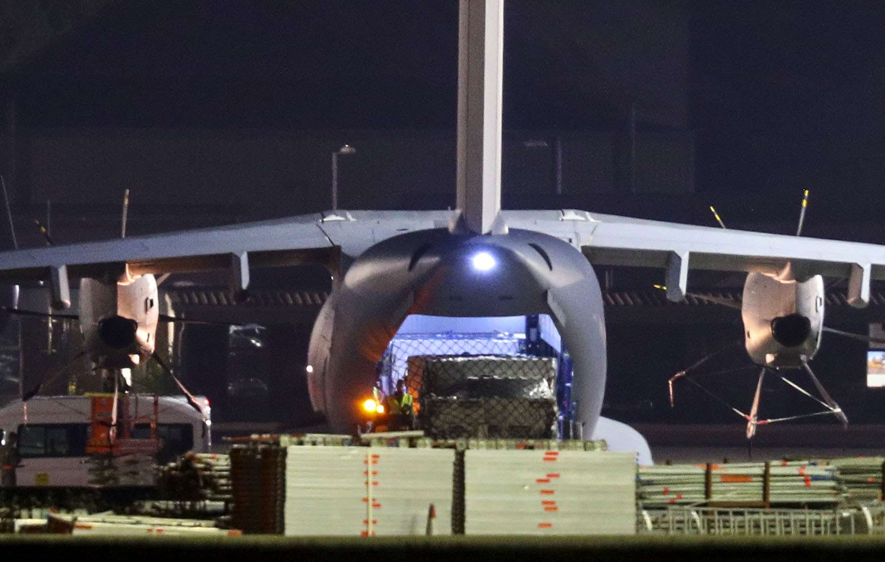 An RAF Atlas, believed to be carrying a cargo of PPE is unloaded at Brize Norton, as the UK continues in lockdown to help curb the spread of the coronavirus (Steve Parsons/PA)