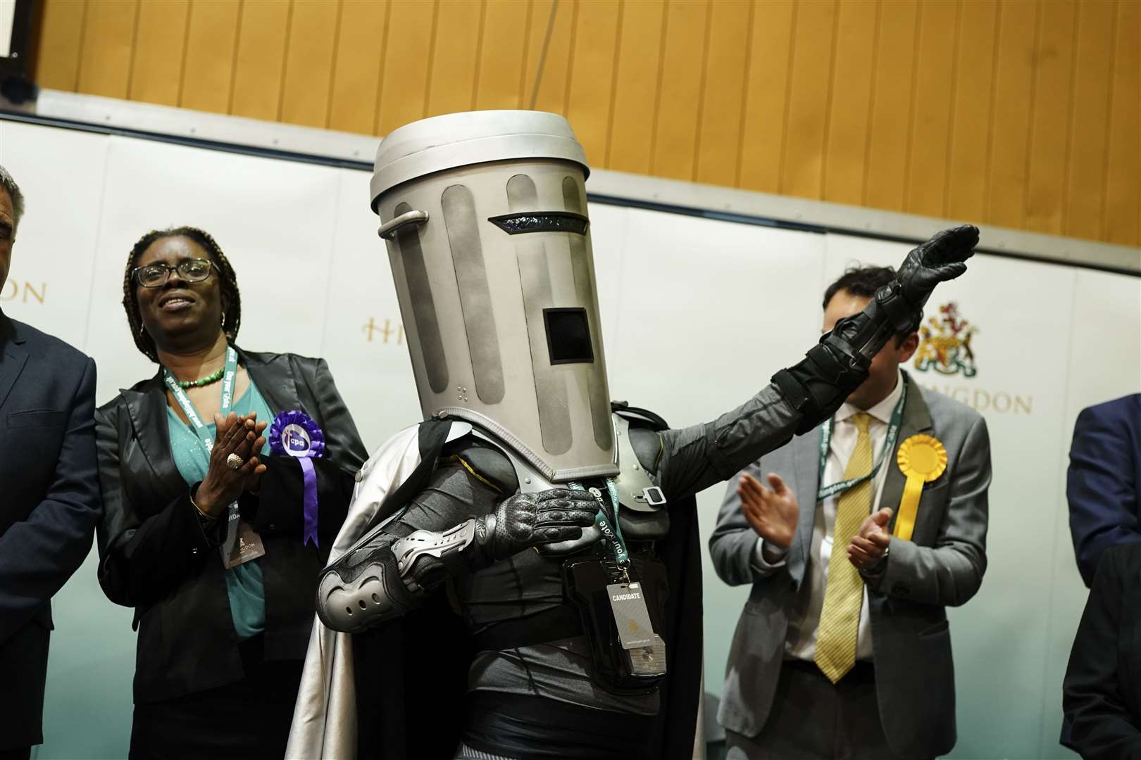 Count Binface celebrates on stage as the results are read in the Uxbridge and South Ruislip by-election (Jordan Pettitt/PA)