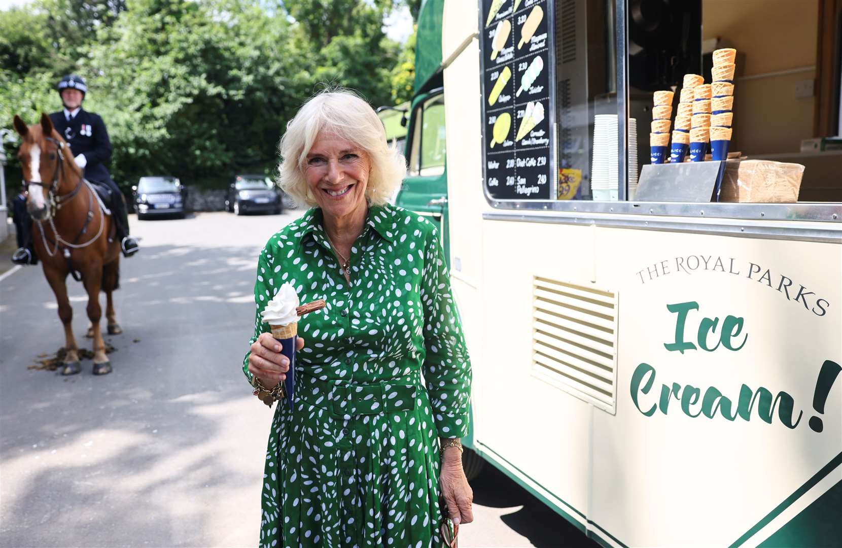 The Duchess of Cornwall with an ice cream during a visit to Hyde Park, London, to thank the Royal Parks staff for maintaining London’s green spaces throughout the COVID-19 pandemic (Tom Nicholson/PA)