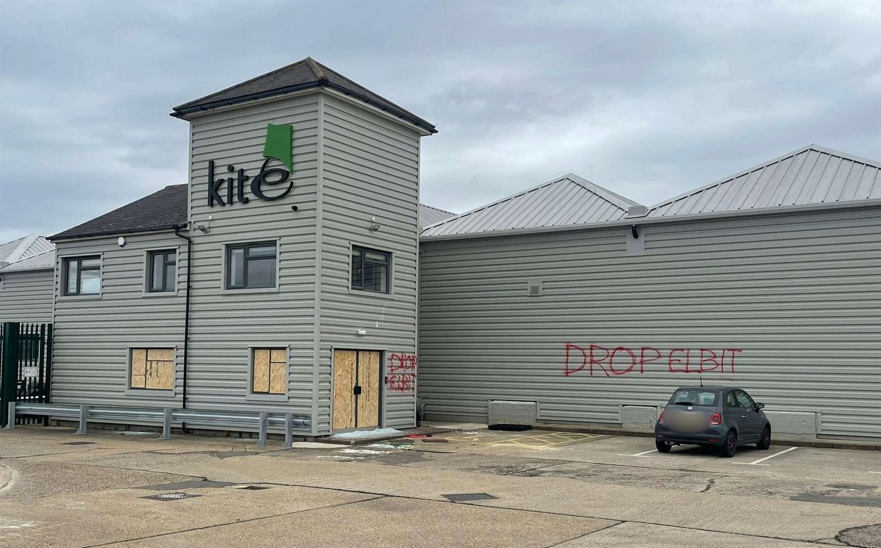 Kite Packaging’s building in Sheppey Way, Bobbing, was vandalised by protesters who smashed windows and daubed graffiti on the walls