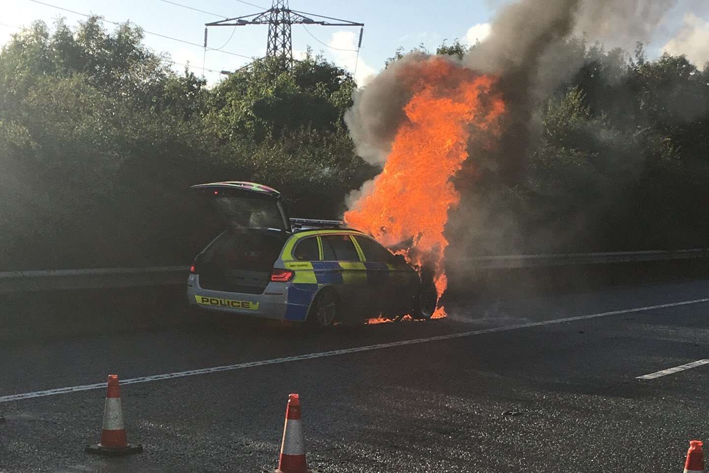 This car burst into flames on the M20 this month. Pic: Kent Police