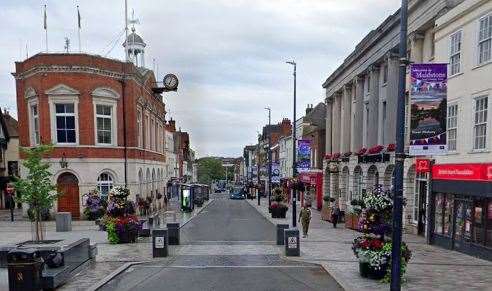 Part of Maidstone High Street to close this weekend from Kent Reliance (right) to Maidstone Furniture & Electrical Store. Picture: Google