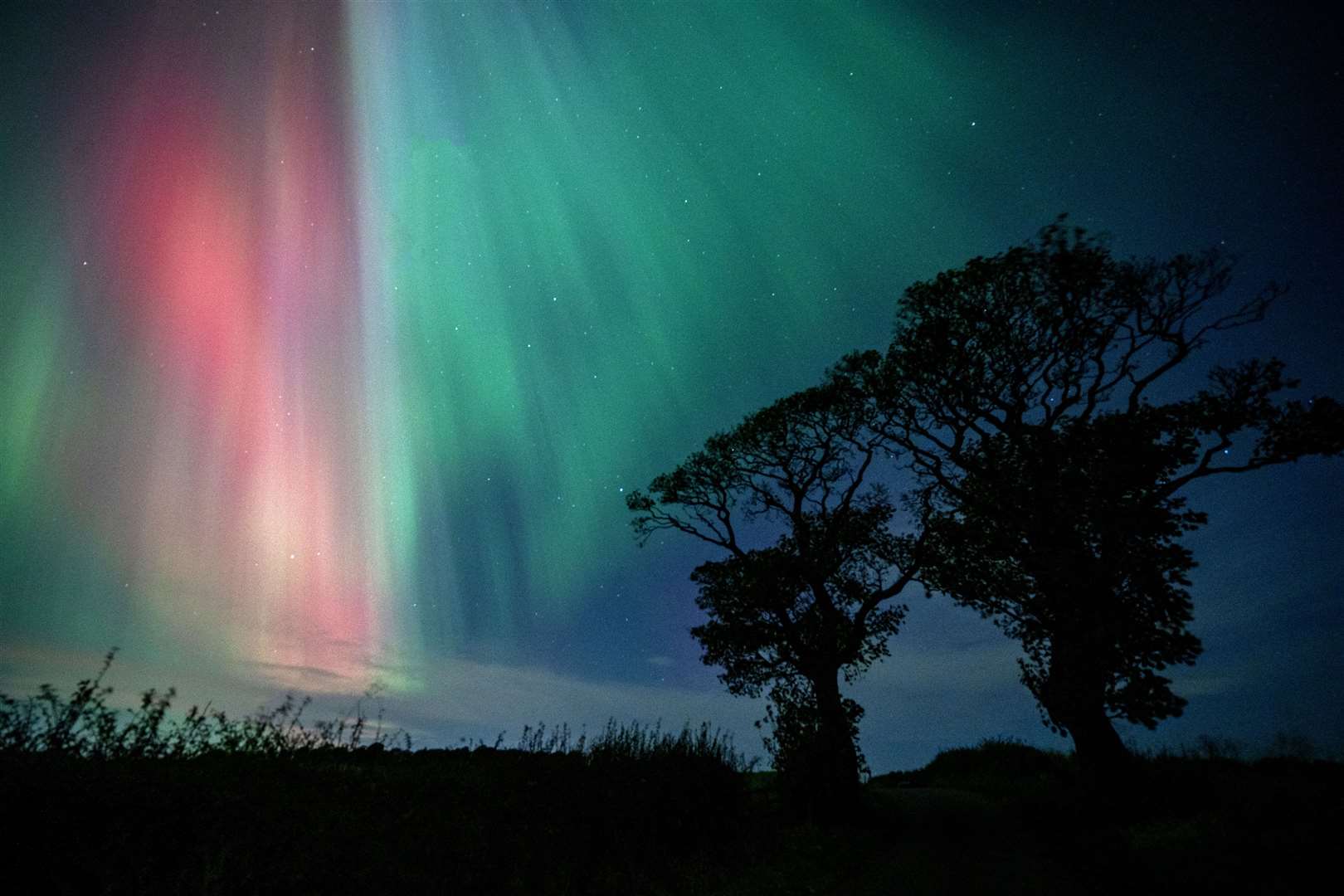 The Northern Lights on display in the skies above The Kissing Trees near Kinghorn in Fife (Jane Barlow/PA)