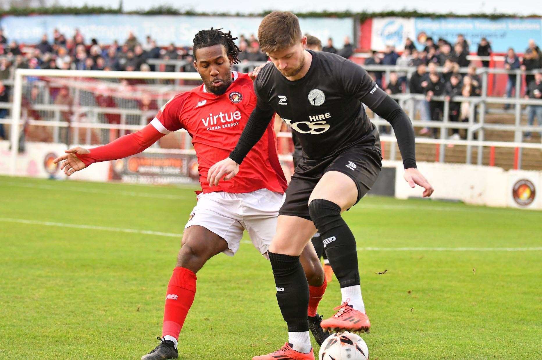 Ebbsfleet’s Dominic Poleon challenges Gateshead’s Joe Grayson on Saturday. Picture: Ed Miller/EUFC