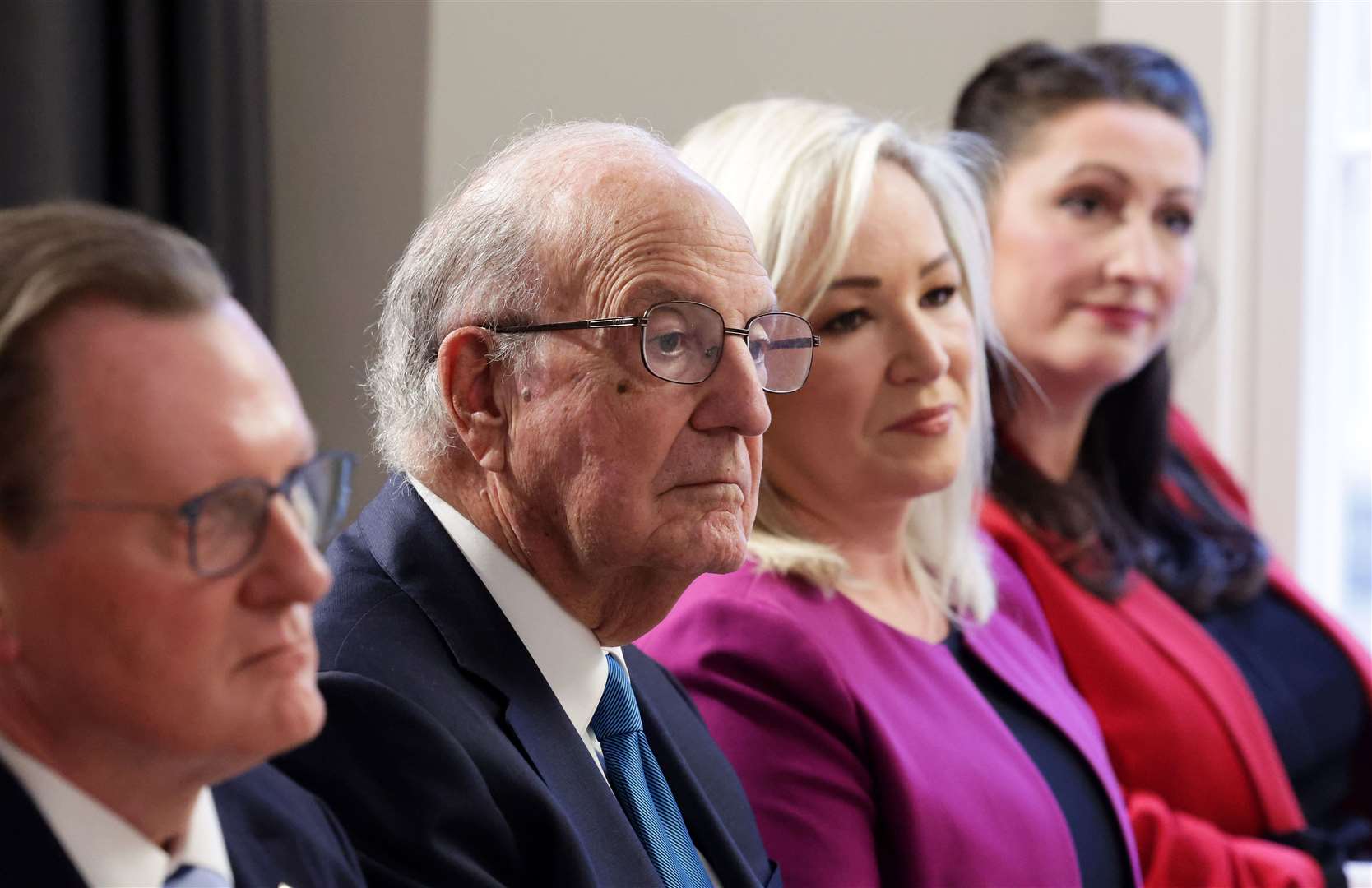 Left to right, Sir Ian Greer with Mr Mitchell and Michelle O’Neill and Emma Little-Pengelly (Kelvin Boyes/PA)