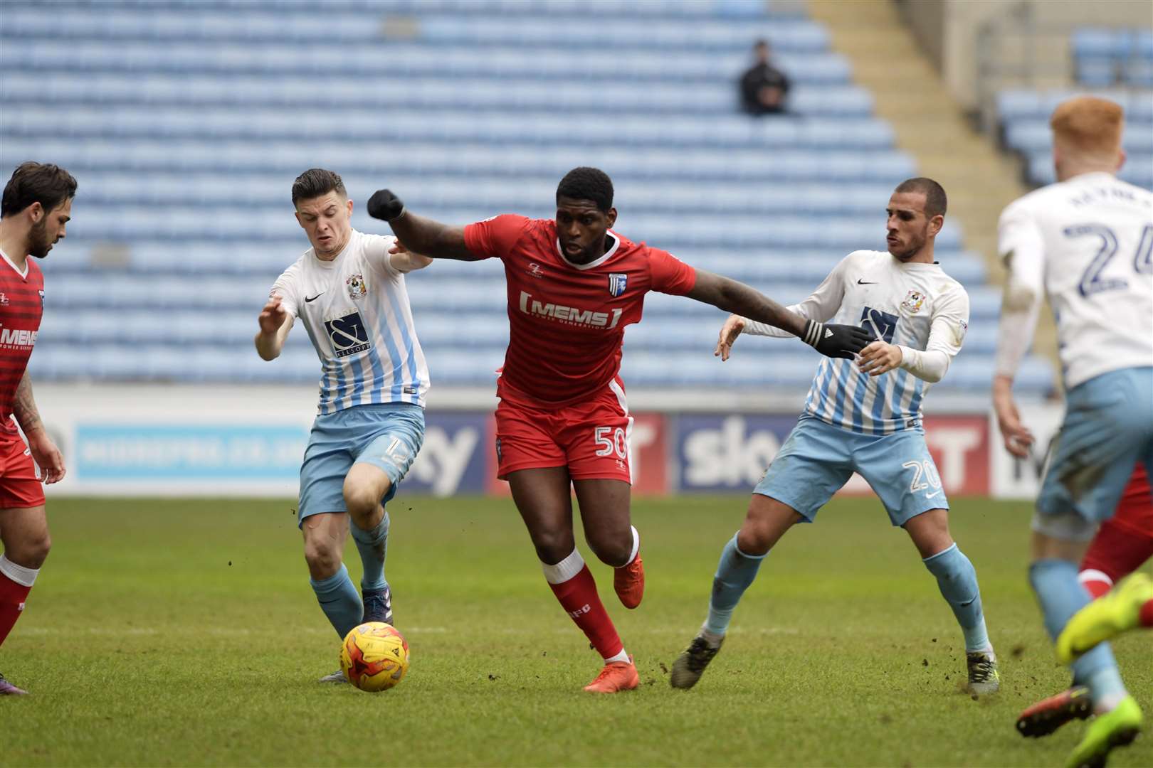 Callum Reilly up against the Gills at the Ricoh Arena in February 2017 Picture: Barry Goodwin