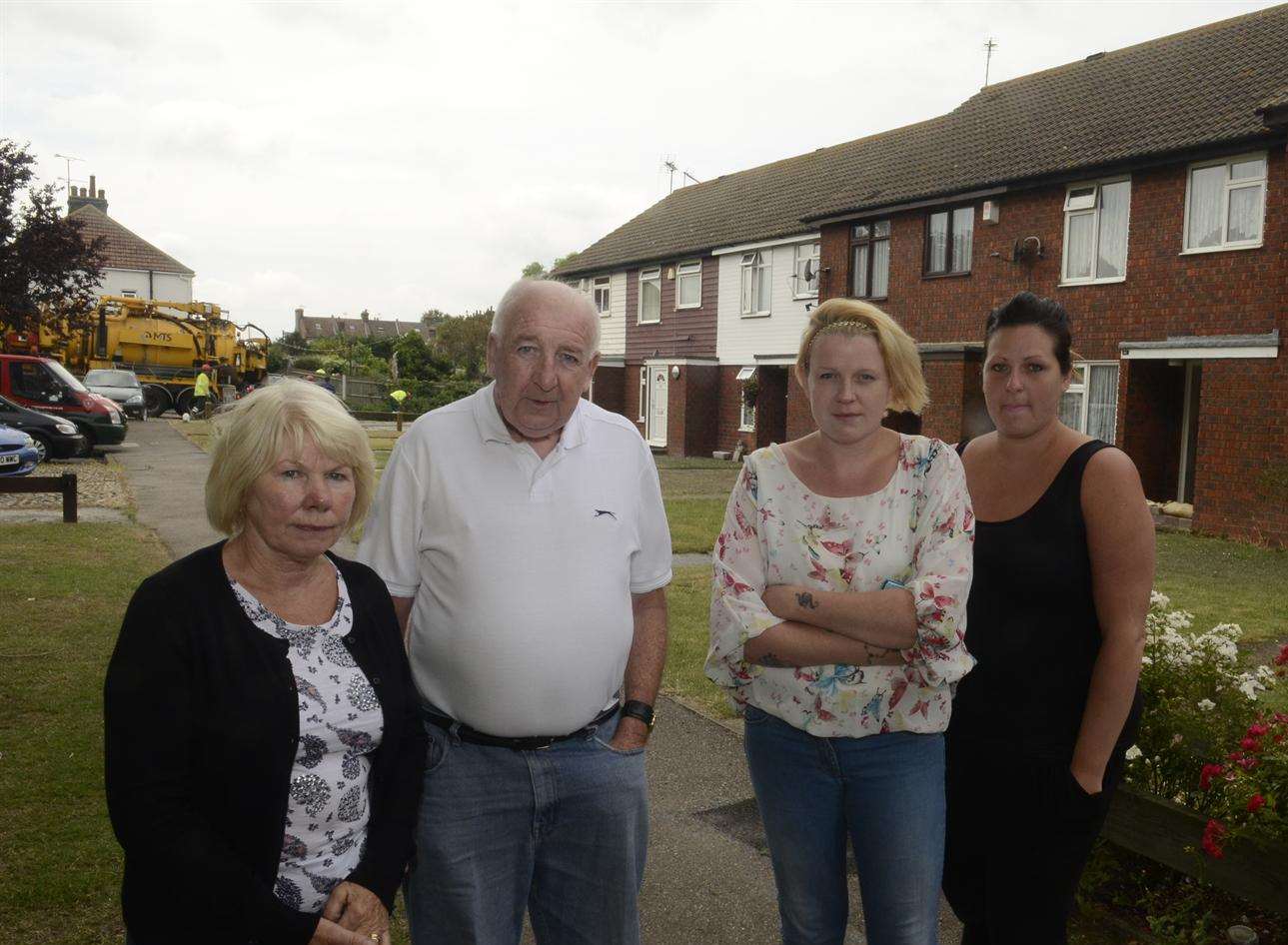 Carole and Eric Tress, Carrieann Gibbons and Stacey Tailor whose gardens were flooded in Castlemere Avenue, Queenborough