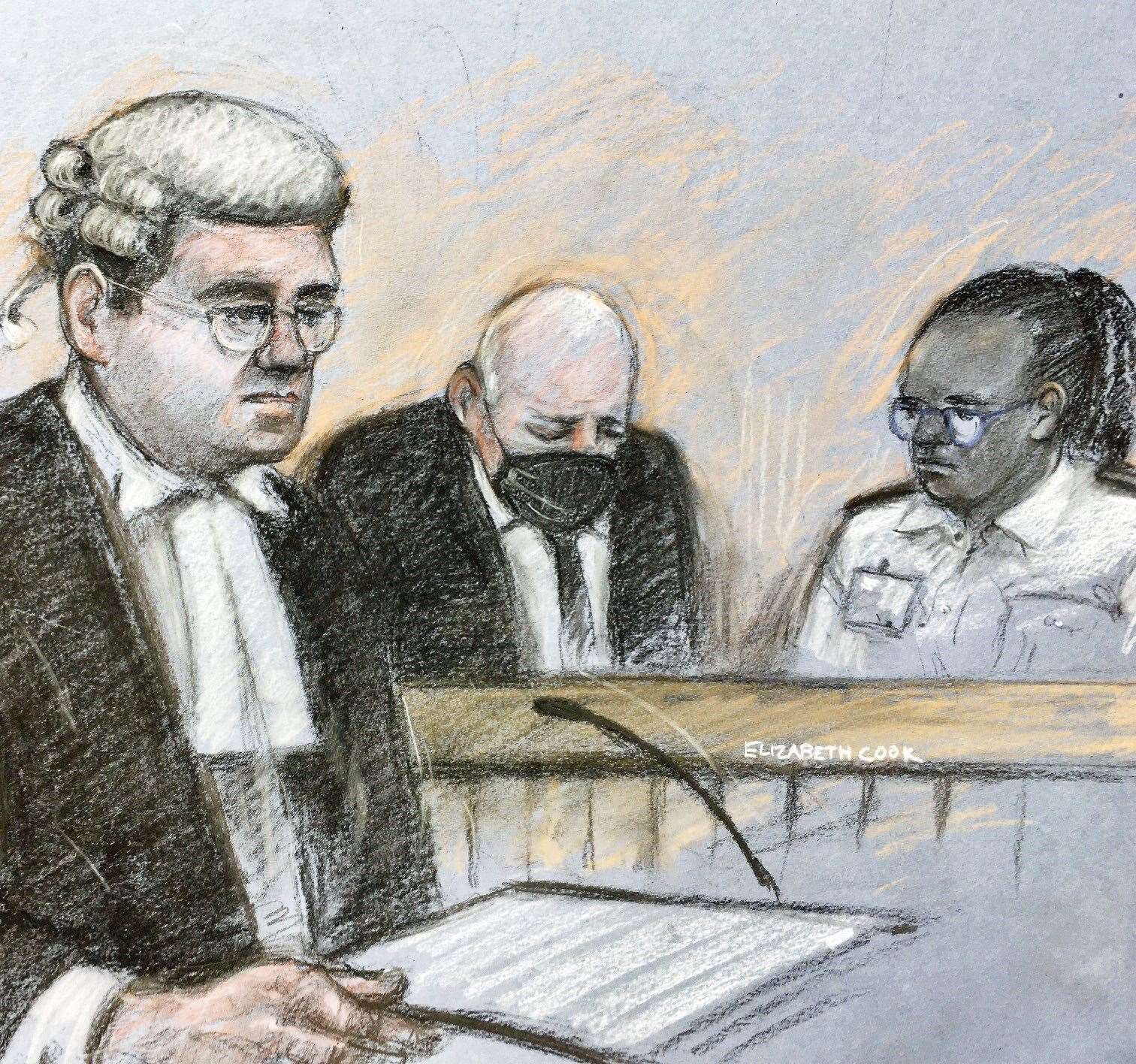 Court artist sketch of prosecutor Tom Little QC addressing the court with Wayne Couzens in the dock behind him (Elizabeth Cook/PA)