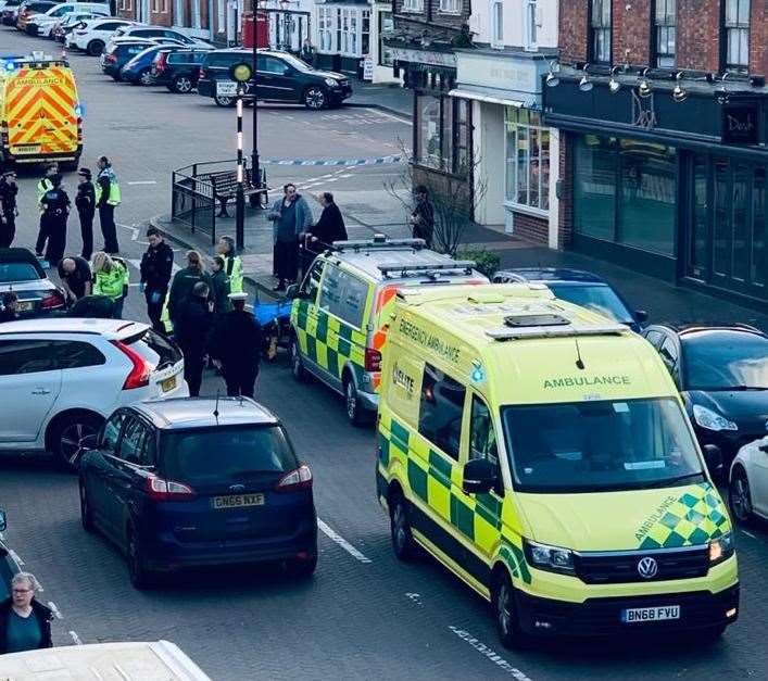 Police and ambulance crews at the scene in West Malling yesterday afternoon