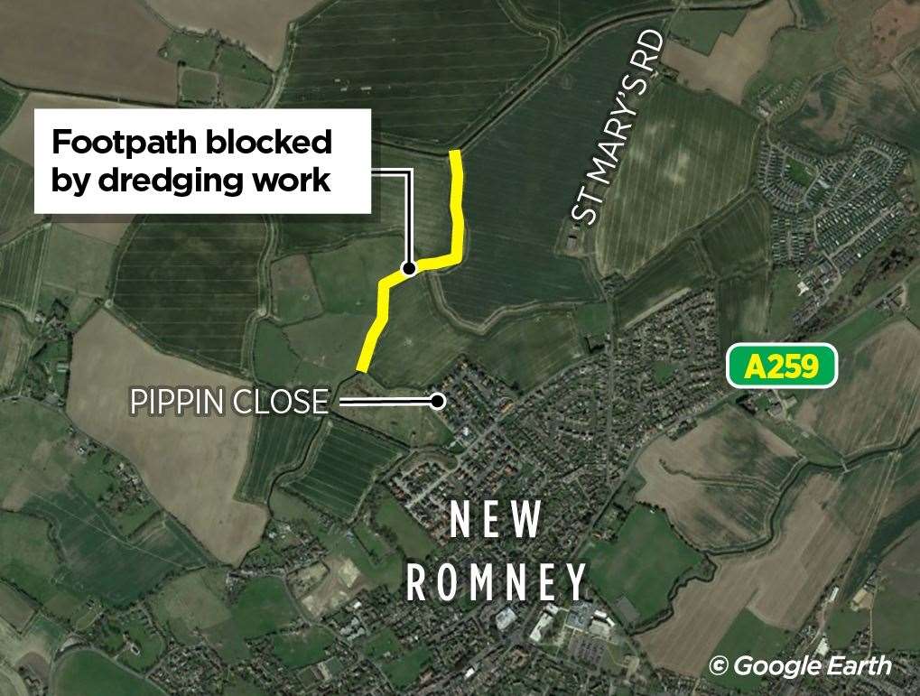 A half-mile stretch of the public right of way between New Romney and St Mary in the Marsh has been blocked by the dredging work