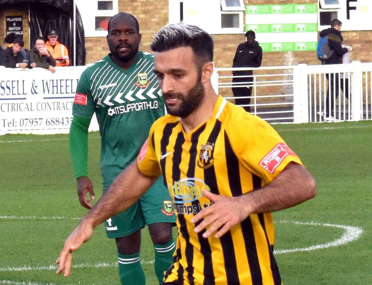 Folkestone's Kieron McCann scored his side's first goal in their FA Trophy win over Faversham. Picture: Randolph File