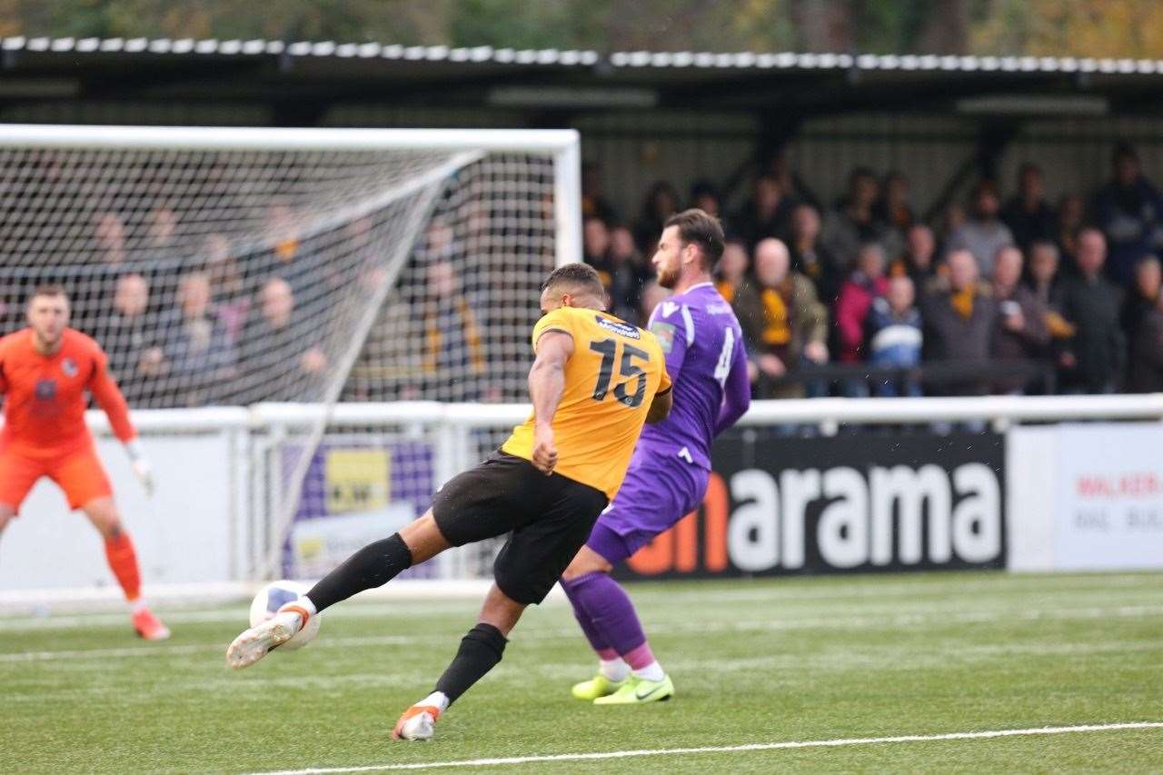 Dan Wishart fires Maidstone in front at the Gallagher Picture: Matthew Walker