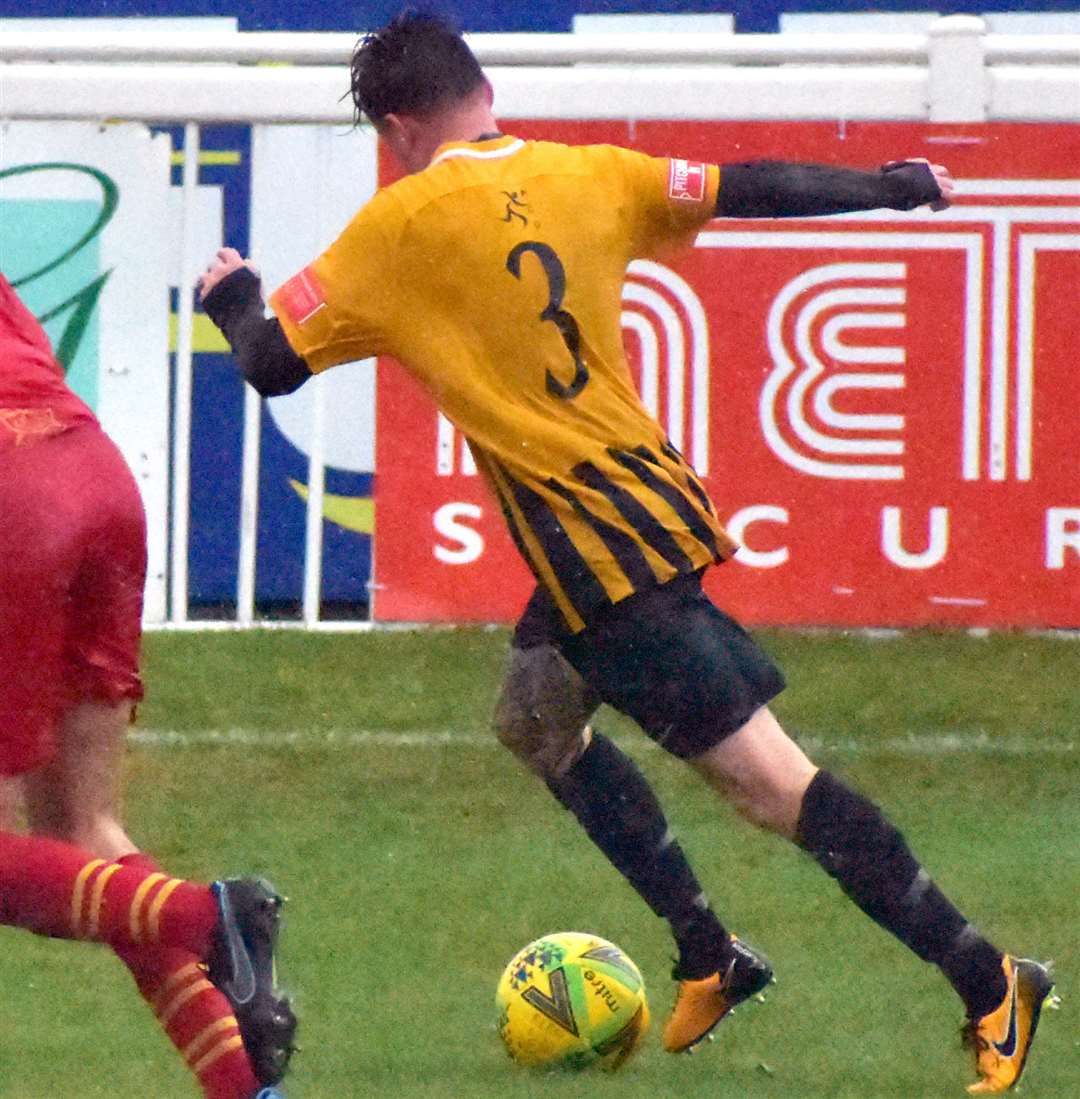 Folkestone's Jordan Wright driving forward at the Fullicks Stadium last weekend. Picture: Randolph File