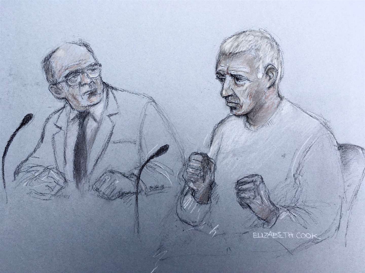 Court artist sketch of John Crilly (right) giving evidence in the Guildhall in London during the inquest into the terror attack at the Fishmongers’ Hall in November 2019 (Elizabeth Cook/PA)