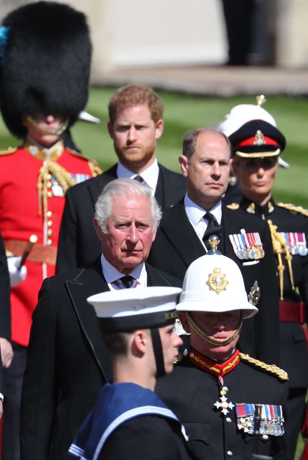 Harry (rear), the Earl of Wessex (centre) and Charles during the Duke of Edinburgh’s funeral (Gareth Fuller/PA)