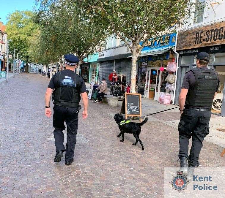 Officers and police dog Max on patrol in Folkestone