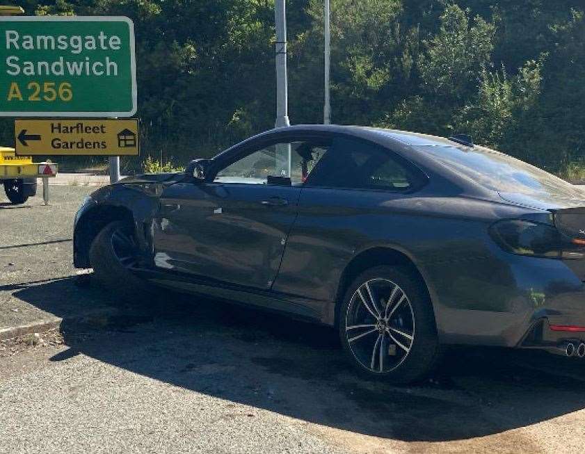 A BMW crashed after failing to slow down at a roundabout on the A256 near Eastry. Picture: Kent Police RPU