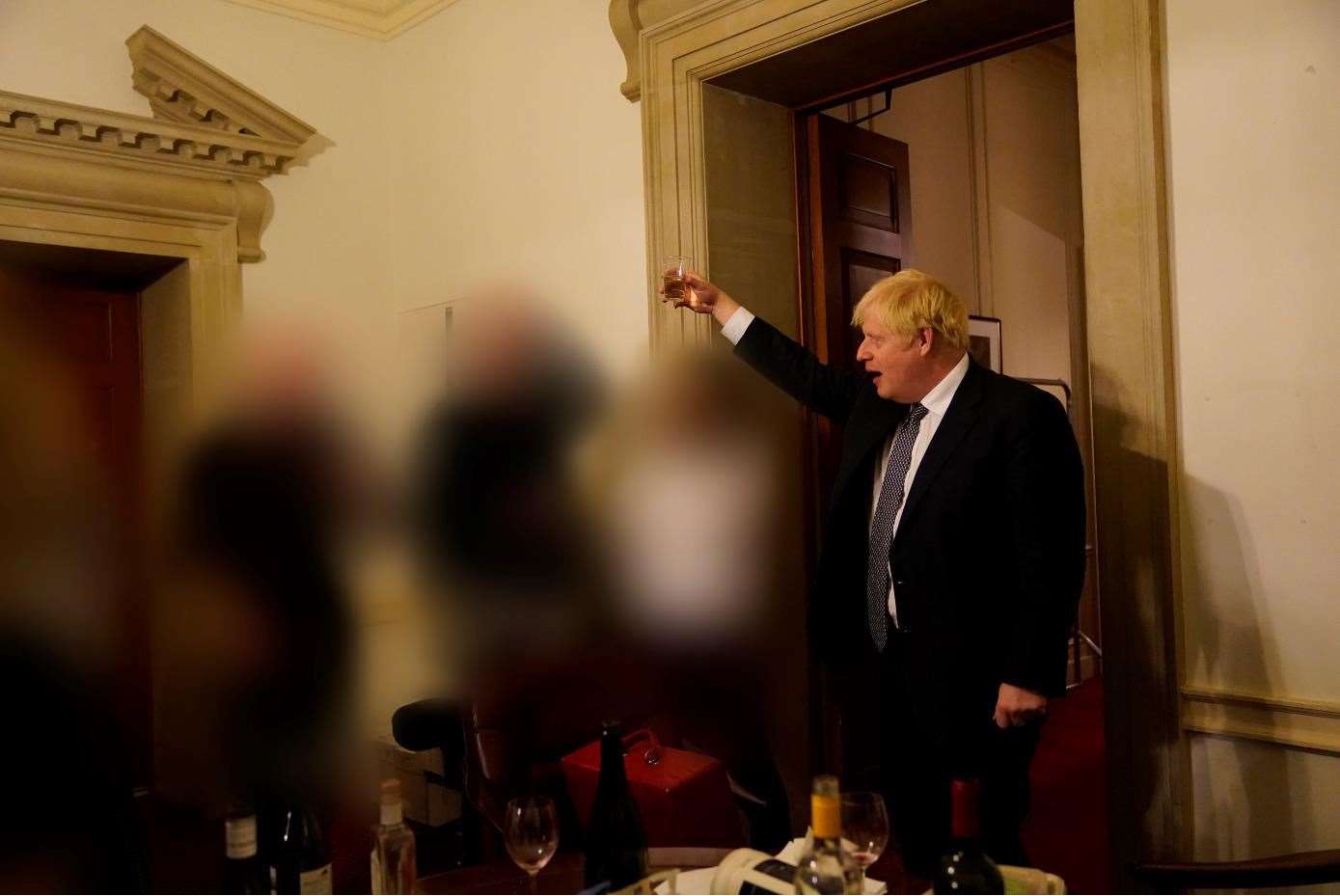 Boris Johnson raises a glass at a No 10 drinks do during the Covid lockdown (Sue Gray Report/Cabinet Office/PA)